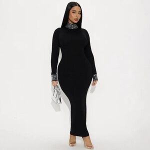 Black Long Sleeve Embellished Turtleneck Maxi Dress